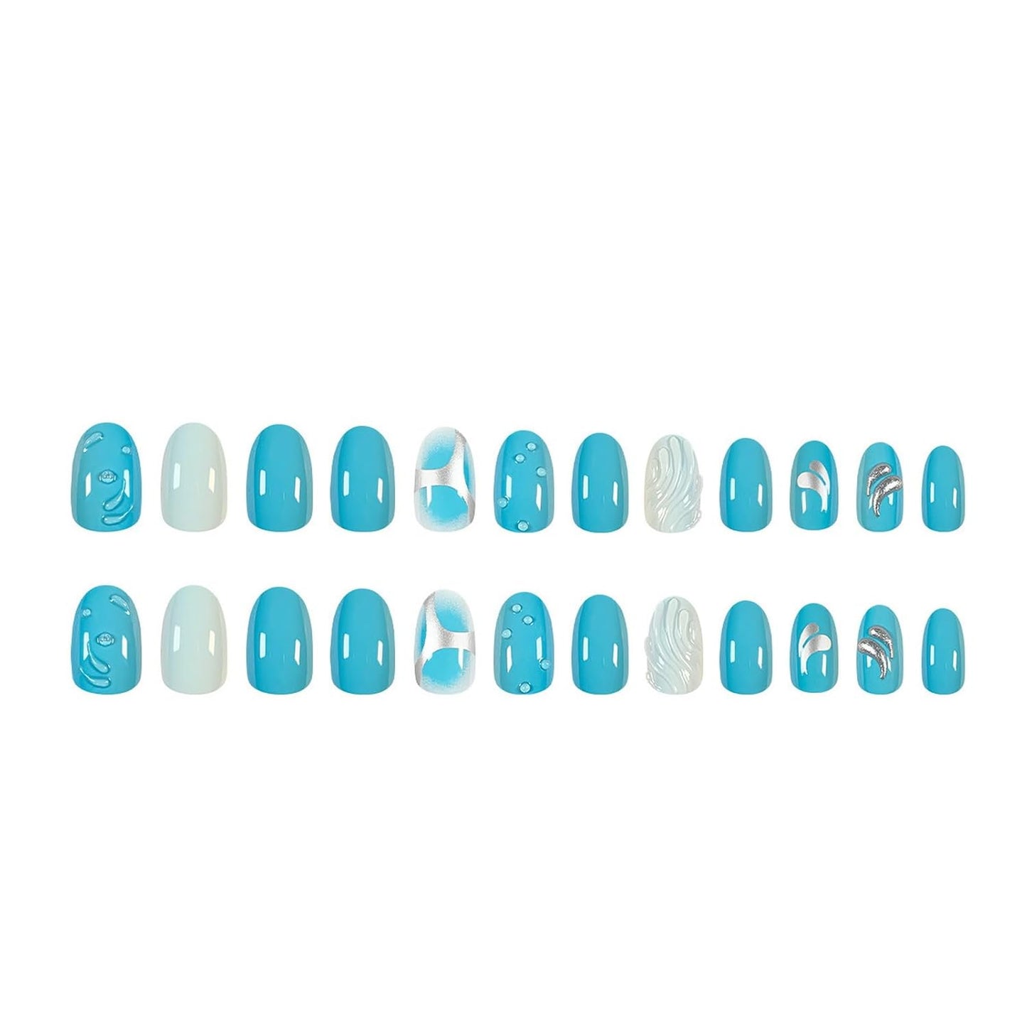 24Pcs Blue Almond Press on Nails Short Fake Nails Summer Reusable False Nails with 3D Relief Design Artificial Acrylic Nails Press Ons Handmade Nails Glossy Full Cover Stick on Nails for Women